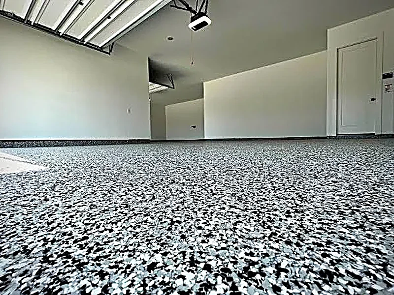 Black and white flake epoxy garage floor in Boise, ID