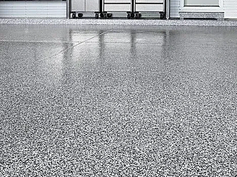 Gray flake garage floor with workbench in the Treasure Valley